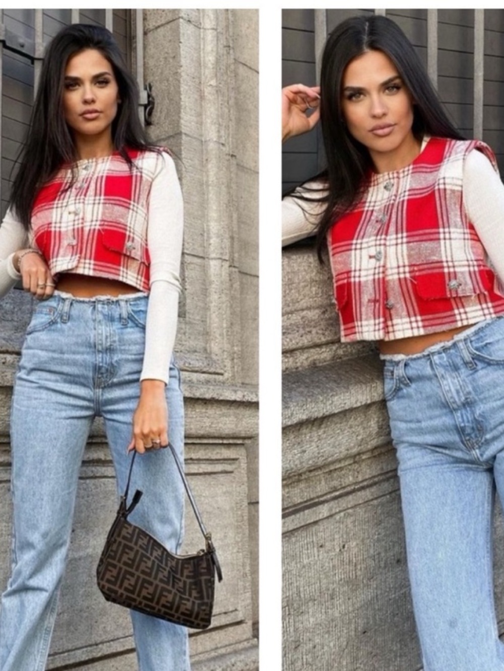 ZARA Textured red Weave Plaid Vest With Buttons Size S small